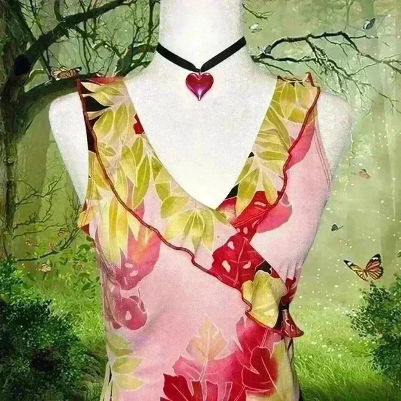 Y2K 90s Fairy MIDI Dress Green/Pink By Geri C. - Picture 2 of 11